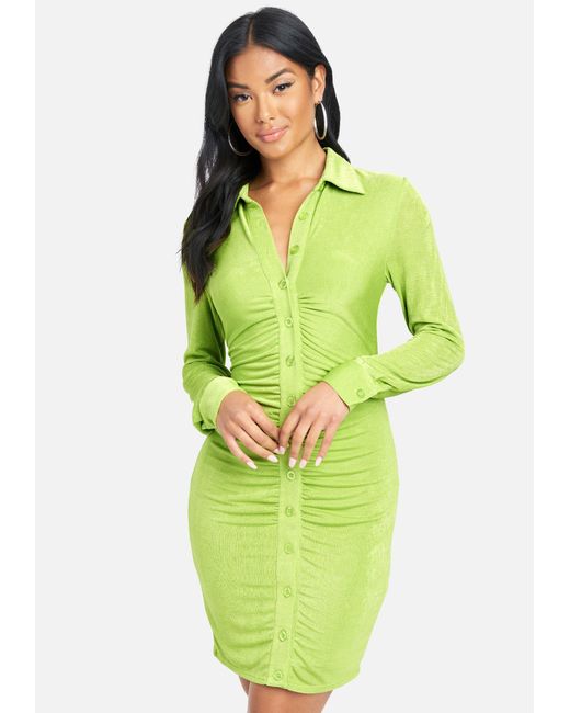 Bebe Shirred Front Polo Dress In Green Lyst Bebe Shirred Front Polo Dress In Green Lyst
