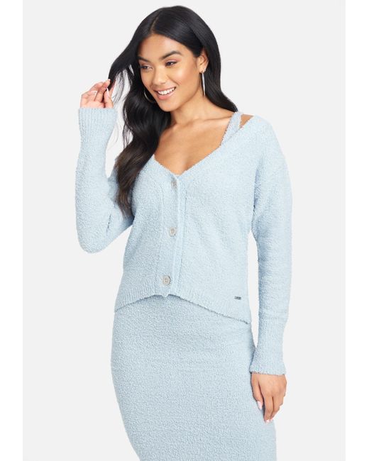 Bebe Chenille Knit Cardigan In Ice Blue Blue Lyst