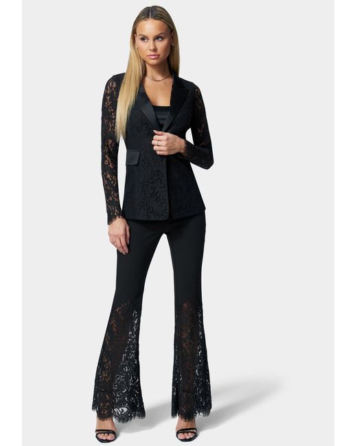 Bebe Satin Lace Tailored Blazer Jacket in Black