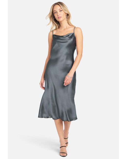 Bebe Satin Cowl Neck Slip Midi Dress in Gray | Lyst