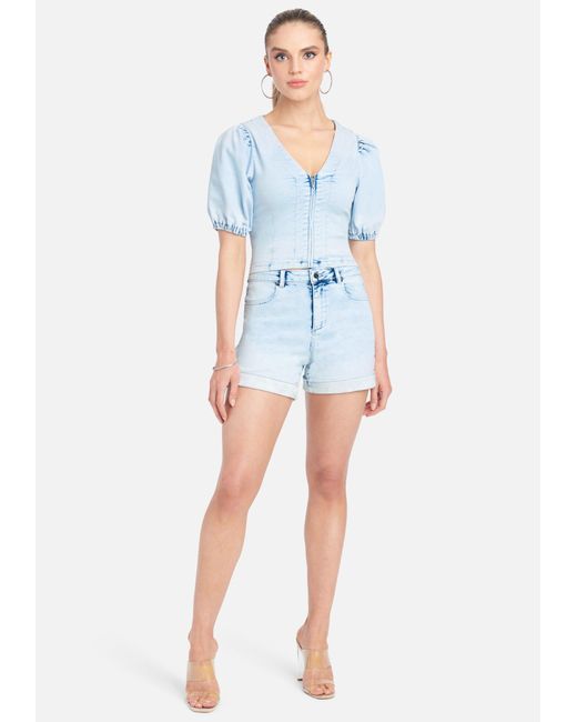 Bebe Denim Ombre Wash Puff Sleeve Jean Top Stripes Pattern In Blue White Wash Blue Lyst