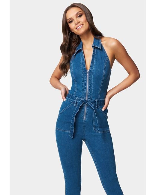 Bebe Halter Neck Zip-up Denim Jumpsuit in Blue | Lyst Canada