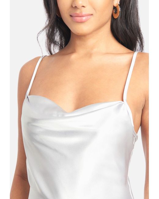 Bebe Satin Cowl Neck Slip Mini Dress In Silver Metallic Lyst