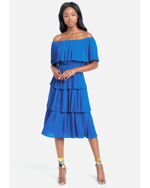 Bebe Chiffon Tiered Off Shoulder Midi 