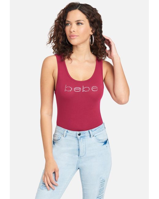 Bebe Swarovski Logo Jersey Tank Top In Cerise Red Lyst