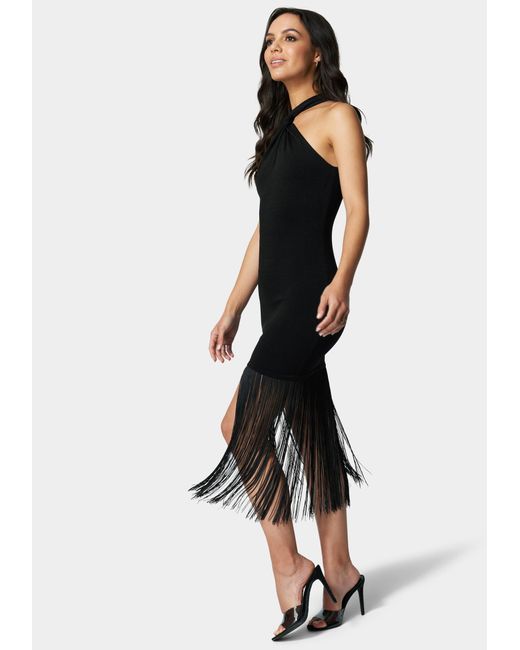 Bebe Fringe Hem Sweater Dress in Black Lyst