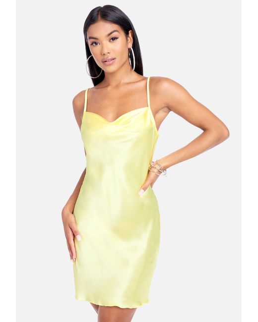 Bebe Satin Cowl Neck Slip Mini Dress In Lemon Tropical Yellow Lyst