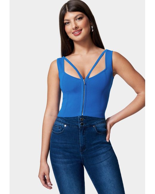 Bebe Zip Front Corset Sweater Top in 