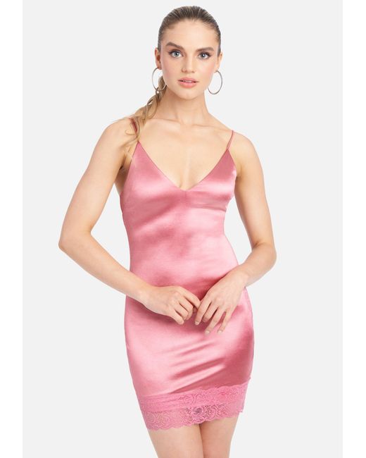 Bebe Satin And Lace Slip Dress In Pink Lyst