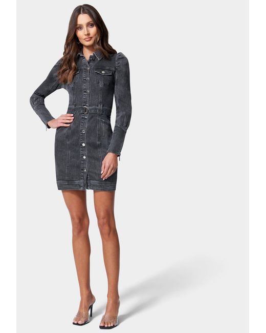 Bebe Puff Sleeve Button Down Denim Dress in Black Lyst