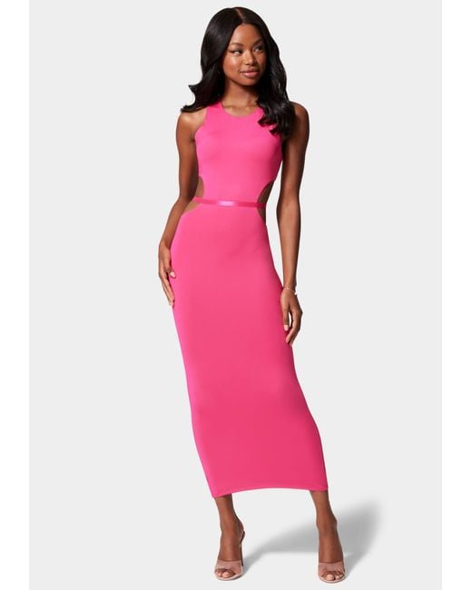 Bebe Synthetic Slinky Side Cut-out Midi Dress in Pink | Lyst UK