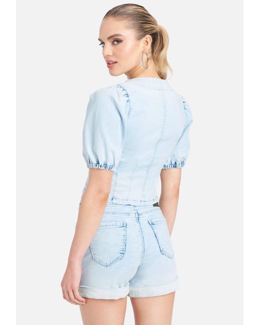 Bebe Denim Ombre Wash Puff Sleeve Jean Top Stripes Pattern In Blue White Wash Blue Lyst