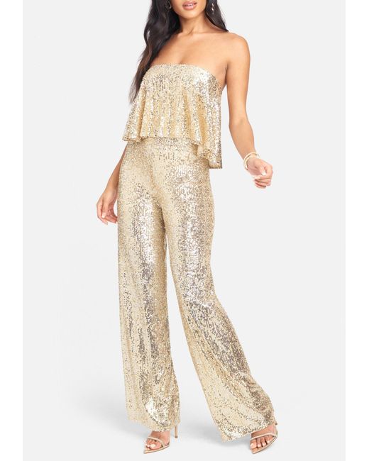 Bebe Synthetic Strapless Sequin Overlay Jumpsuit Lyst