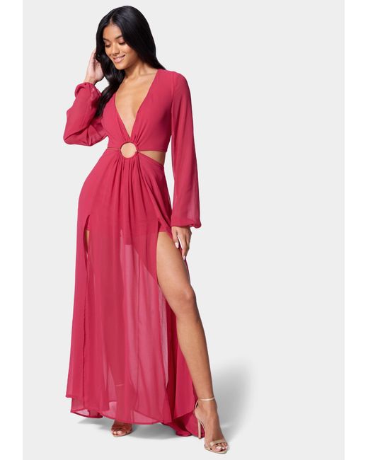 Bebe Chiffon Plunging O Ring Detail Maxi Dress In Red Lyst