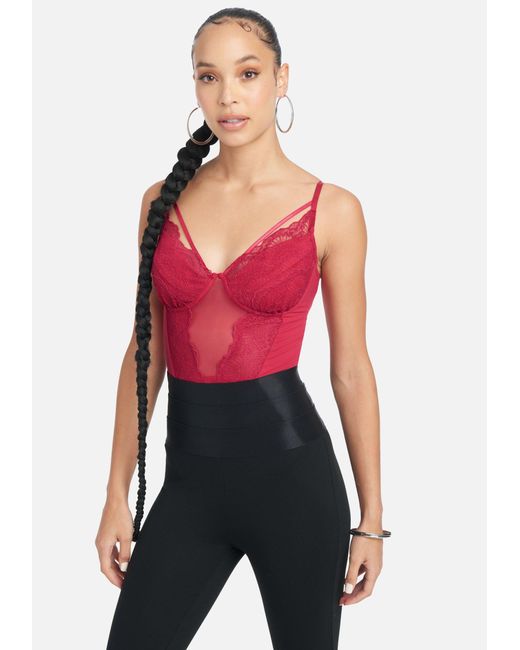 Bebe Stretch Lace And Mesh Bodysuit In Cerise Red Lyst