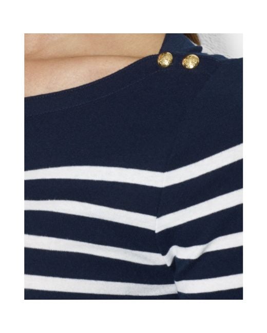 Lauren by Ralph Lauren Petite Striped Half Sleeve Boat Neck Top in Blue
