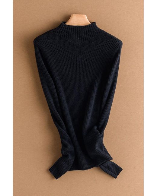 Bellemere New York Black Cashmere Ribbed Mock Neck Sweater