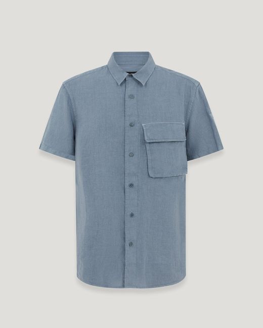 Belstaff Blue Scale Short Sleeve Shirt Garment Dyed Linen for men