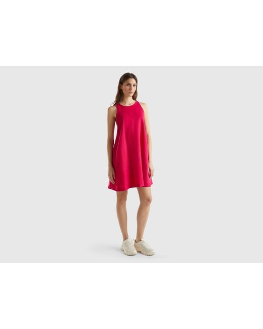 Benetton Red Sleeveless Dress In Pure Linen