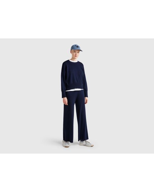 Benetton, Jersey De Cuello Redondo De Punto De Algodón, Azul Oscuro, Mujer Benetton de color Blue