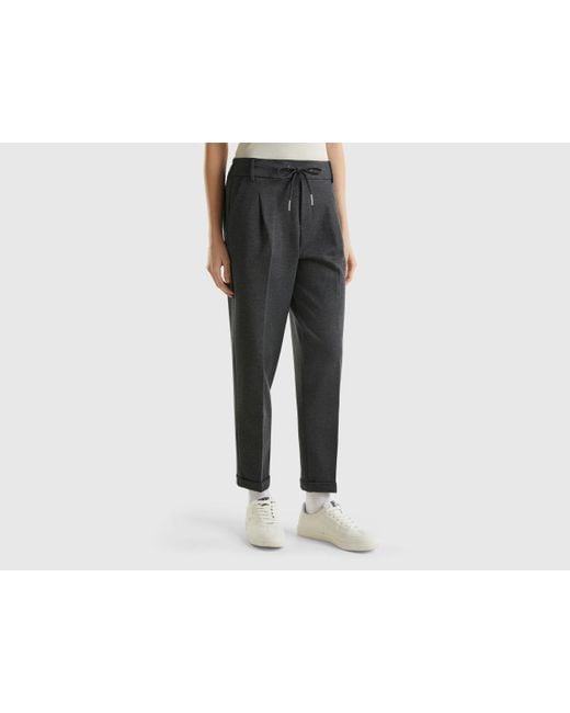 Benetton Black Yarn Dyed Trousers With Drawstring