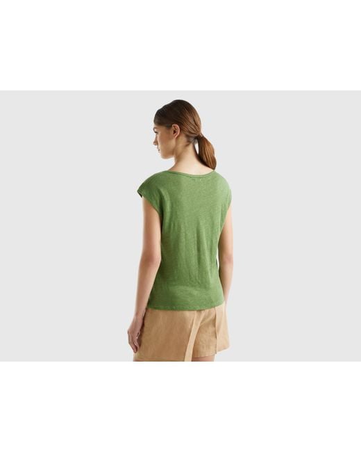 Benetton Green Wide Neck T-shirt In Pure Linen