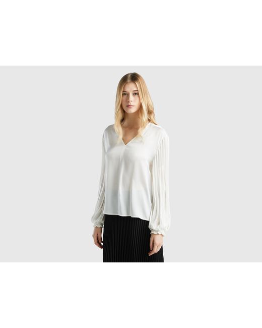 Benetton Black Blouse With Long Pleated Sleeves
