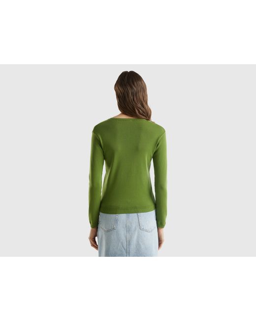 Benetton Green V-neck Sweater In Pure Cotton