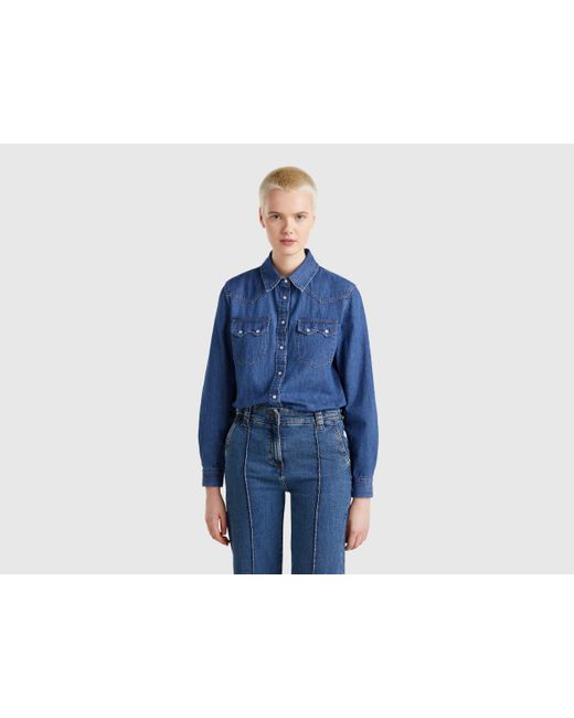 Benetton, Camisa Vaquera Occidental, Azul, Mujer Benetton de color Blue