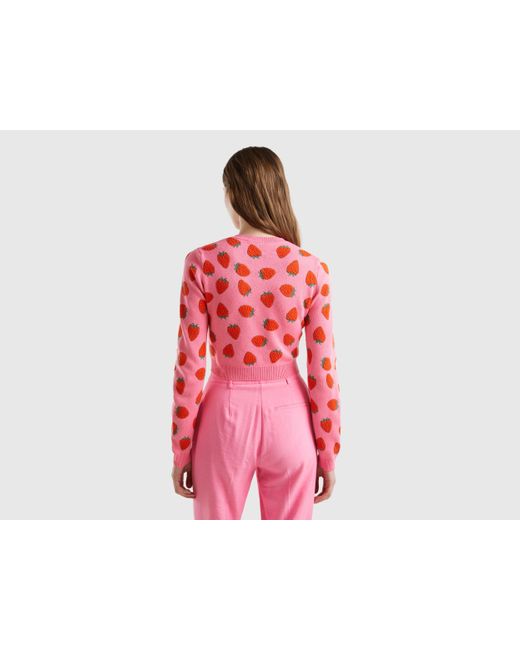 Benetton Red Pink Cropped Sweater With Strawberry Pattern