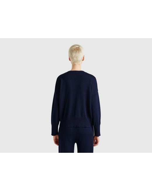 Benetton, Jersey De Cuello Redondo De Punto De Algodón, Azul Oscuro, Mujer Benetton de color Blue