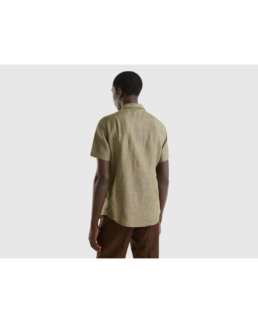 Benetton Green 100% Linen Short Sleeve Shirt for men