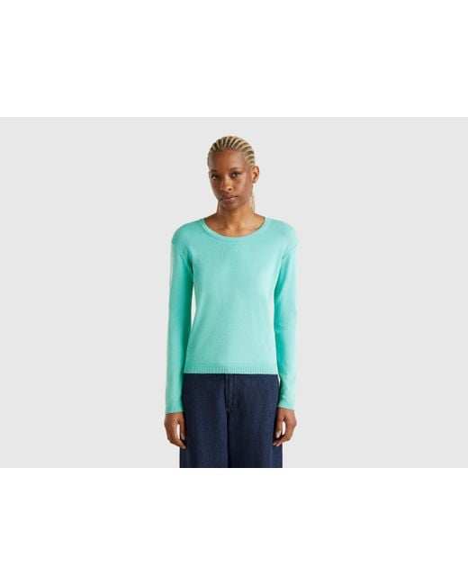 Benetton, Jersey De Cuello Redondo De 100 Algodón, Verde Agua, Mujer Benetton de color Blue