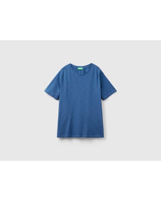 Benetton Blue Crew Neck T-shirt In Slub Cotton