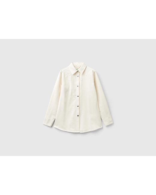 Benetton White Oversized Shirt With Floral Embroidery