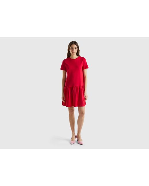 Benetton Red Short Dress In Long Fiber Cotton