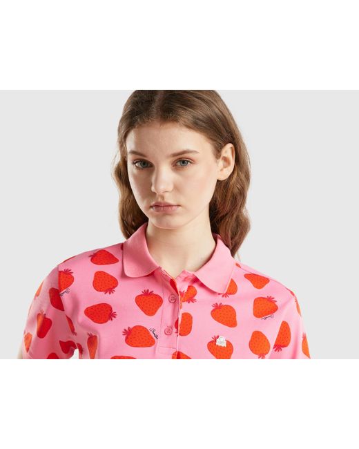 Benetton Red Pink Polo With Strawberry Pattern