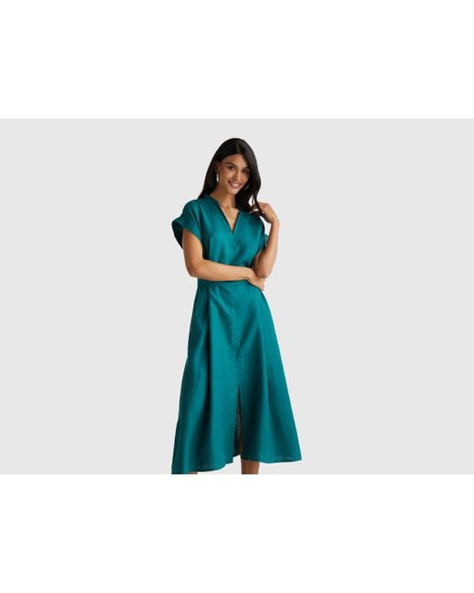 Vestido Verde Benetton Vestido Largo De Lino Puro Da Donna Verde Benetton  Outlet