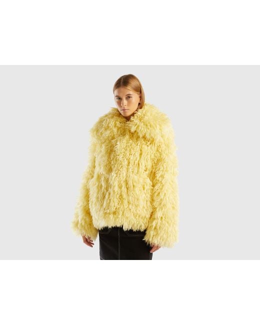 Benetton Yellow Short Coat In Faux Fur