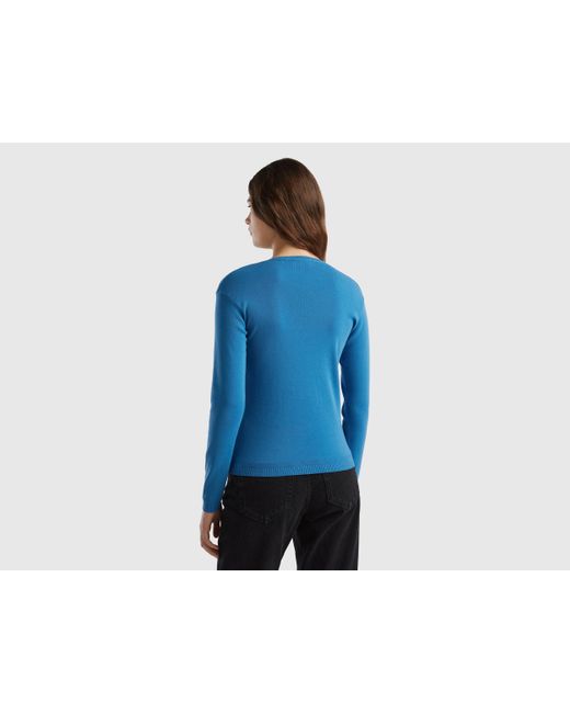Benetton Blue V-neck Sweater In Pure Cotton