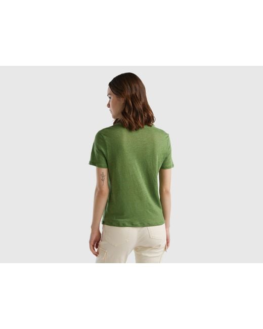 Benetton Green Crew Neck T-shirt In Pure Linen