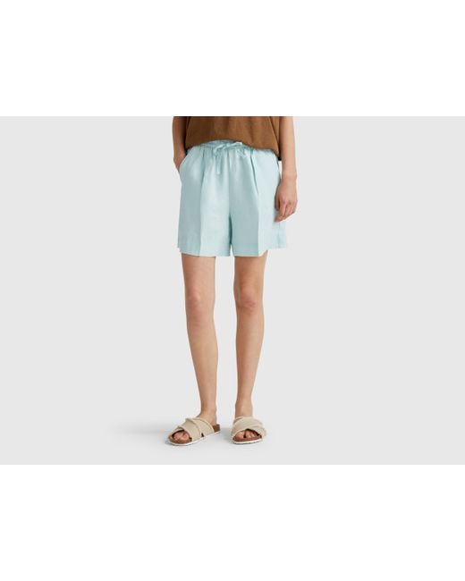 Benetton, Short De Puro Lino Con Cordón, Verde Agua, Mujer Benetton de color Black