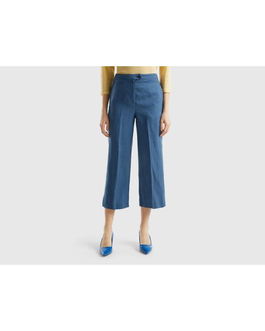 Benetton Blue Cropped Trousers In Pure Linen