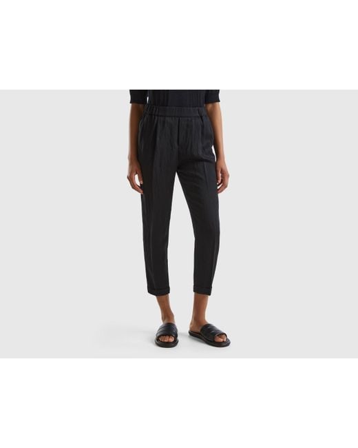Benetton Black Cuffed Trousers In Sustainable Viscose Blend