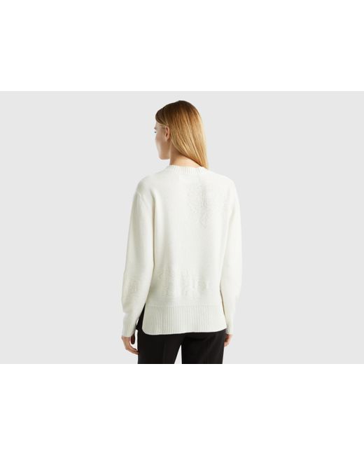 Benetton White Cashmere Blend Sweater With Floral Designs