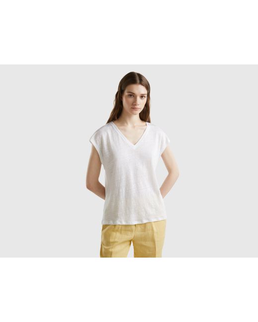 Benetton White V-neck T-shirt In Pure Linen