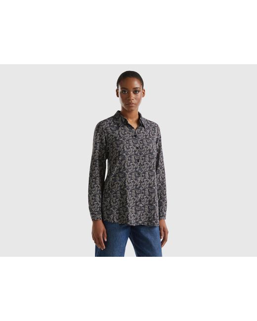 Benetton Black Patterned Shirt In Sustainable Viscose
