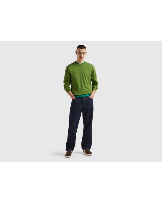 Benetton Green Crew Neck Sweater In 100% Cotton for men