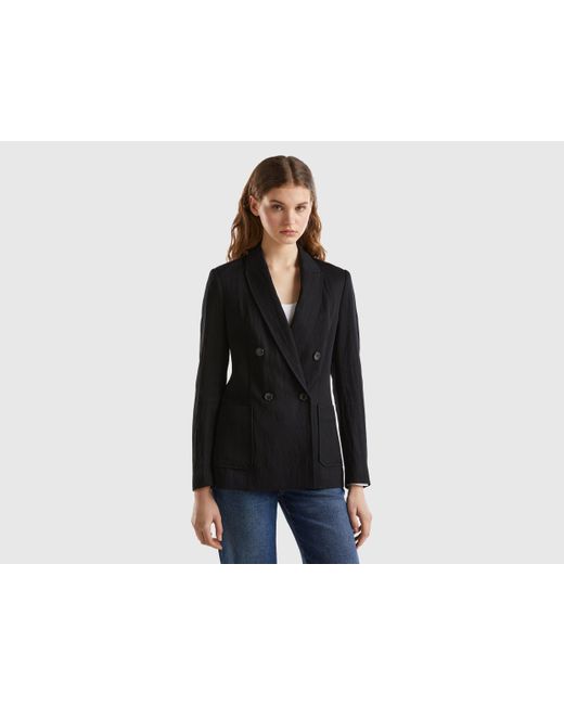 Benetton Black Double-breasted Blazer In Sustainable Viscose Blend