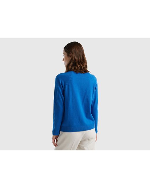 Benetton Blue Crew Neck Sweater In Cashmere And Wool Blend